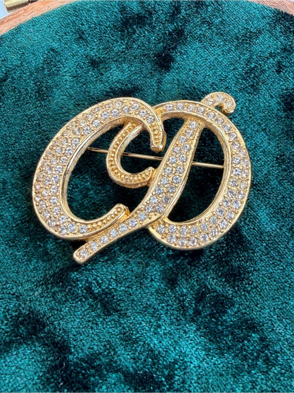 Vintage CHRISTIAN DIOR Logo CD Gold Tone Textured Crystal Brooch